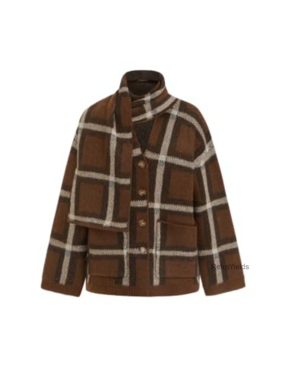 Oversized Plaid Knit Cardigan Sweater with Matching Scarf